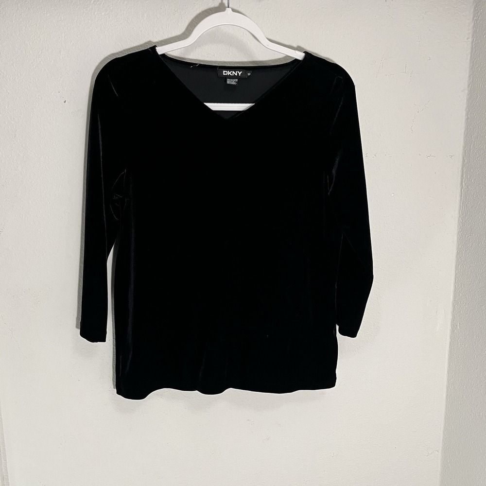 DKNY Shirt Women Size Medium Black Long Sleeve Velvet 3/4 Sleeve